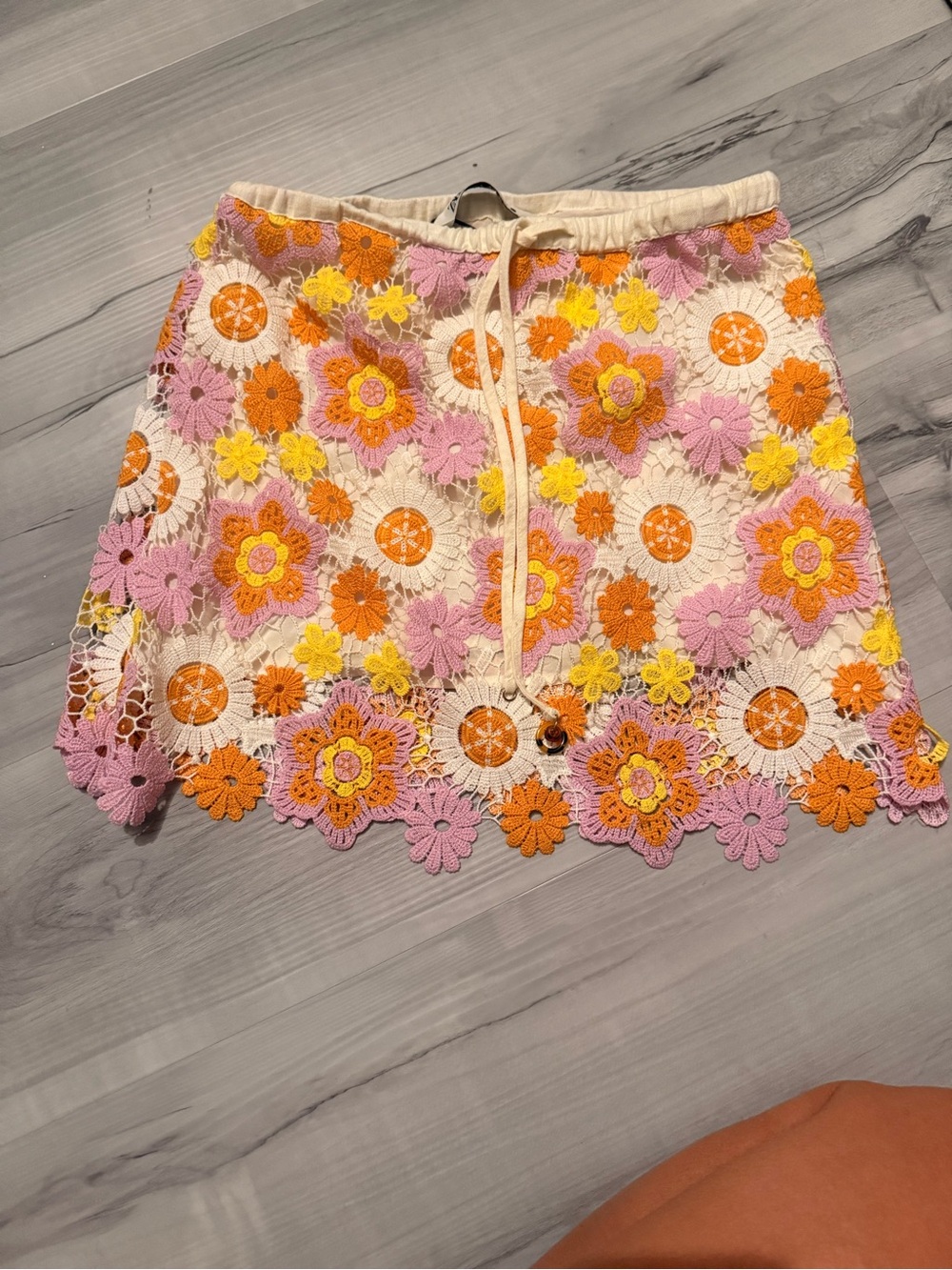 Zara Crochet Floral Mini Skirt in Pink, Yellow & White - Picture 2 of 5